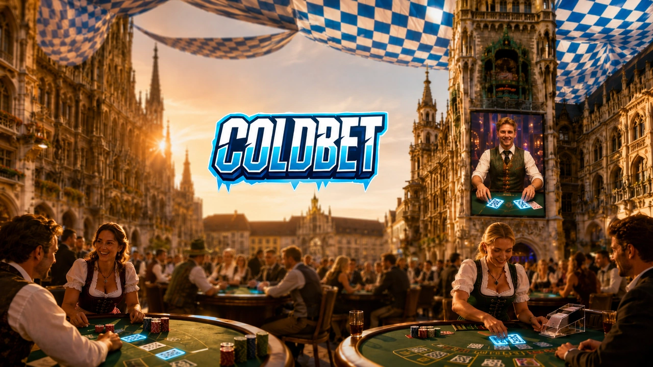 Coldbet Casino-Unterseite im Hamburger Rathaus mit neo-gotischen Arkaden, historischen Spielautomaten, bronzenen Löwen mit Würfeln, hanseatischen Elementen und dezentem rotem Neon nur auf den Spin-Knöpfen.