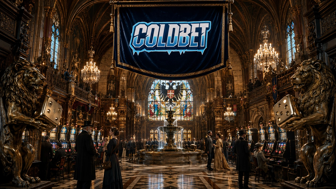 Coldbet Casino-Unterseite am Münchner Marienplatz mit Glockenspiel als Live-Dealer-Monitor, grünen Blackjack-Tischen auf dem Platz, bayerischer Rautenfahne als Überdachung und dezentem blauen Neon nur auf den Dealer-Karten.