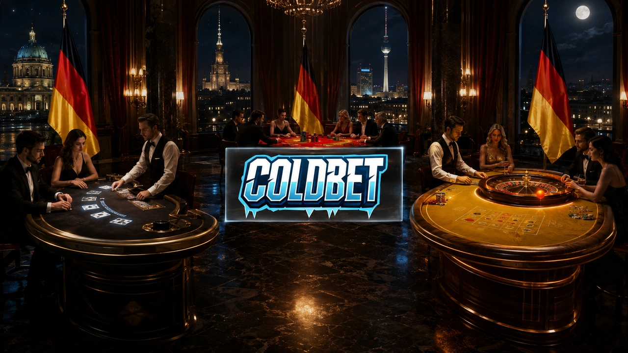 Coldbet iGaming Visual mit Deutschlandflagge als riesiger Spieltisch, bestickten Kartenfarben (Kreuz, Pik, Herz, Karo), kleineren Flaggen an den Ecken und dezentem gelben Neon nur auf den Karo-Symbolen.