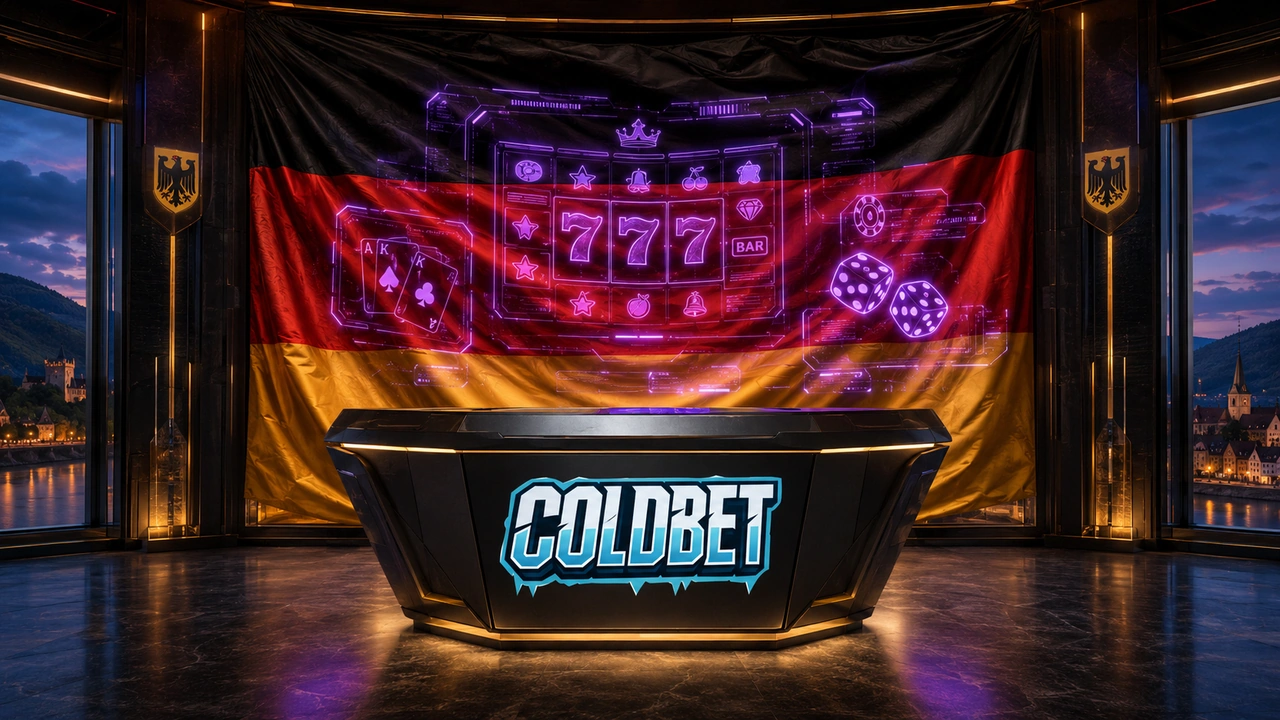 Coldbet iGaming Visual mit dynamisch bauschender Deutschlandflagge, eingewebten Würfeln, fliegenden Würfeln mit grünen Neon-Punkten und freier Fläche auf dem roten Streifen für das Coldbet-Logo.