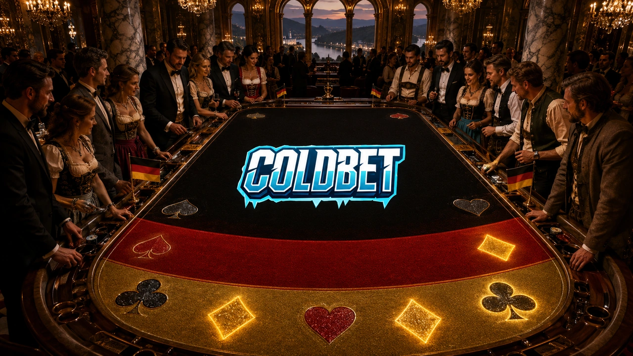 Coldbet iGaming â Riesige Deutschlandflagge & Spielautomaten â StĂ€dtesilhouette Coldbet iGaming Visual mit ĂŒberdimensionaler Deutschlandflagge als Himmel, deren Streifen in Spielwalzen ĂŒbergehen, deutscher Stadtsilhouette mit Wahrzeichen und dezentem goldenem Neon auf dem mittleren Flaggenstreifen.