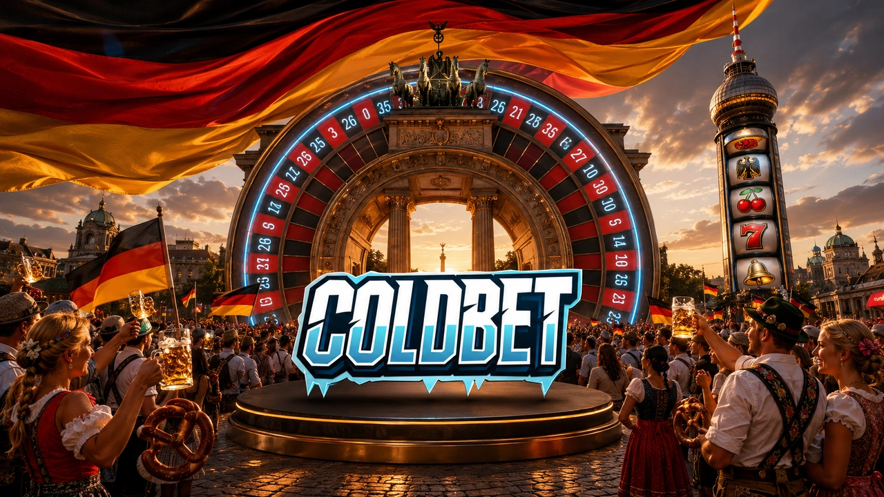 Coldbet Hauptseite â Berliner Fernsehturm & Roulette â Deutschland Coldbet iGaming Hauptseite mit Berliner Fernsehturm als Spielwalze, Brandenburger Tor als Roulette-Rad, schwarz-rot-goldener Flagge, deutschen Trachten und dezenter blauer Neon-Beleuchtung nur auf den Roulette-Zahlen, zentrale FlĂ€che fĂŒr Coldbet-Logo freigelassen.
