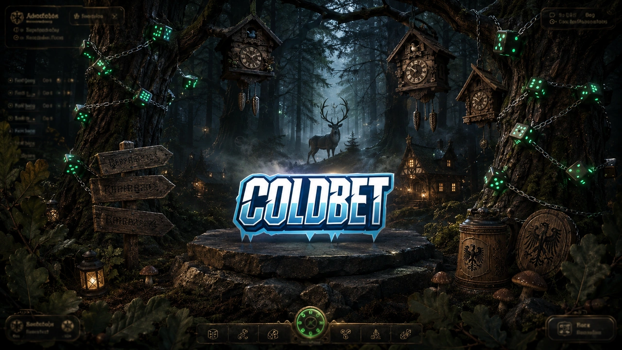 Coldbet Hauptseite â Schwarzwald & WĂŒrfel â Kuckucksuhr Deutschland Coldbet iGaming Hauptseite im mystischen Schwarzwald mit WĂŒrfelketten an TannenbĂ€umen, Kuckucksuhren als Bonus-Anzeigen, deutschen EichenblĂ€ttern, Hirsch-Silhouette und dezentem grĂŒnen Neon nur auf den WĂŒrfelaugen.