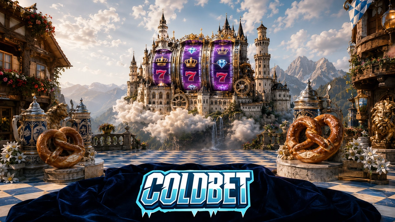 Coldbet Hauptseite â Schloss Neuschwanstein als Spielwalze â Bayern Coldbet iGaming Hauptseite mit Schloss Neuschwanstein auf Wolken, dessen TĂŒrme als Spielautomaten-Walzen dienen, bayerischem Rautenmuster, Brezeln und BierkrĂŒgen als Dekoration und dezentem Lila-Neon nur in den Walzenfenstern.
