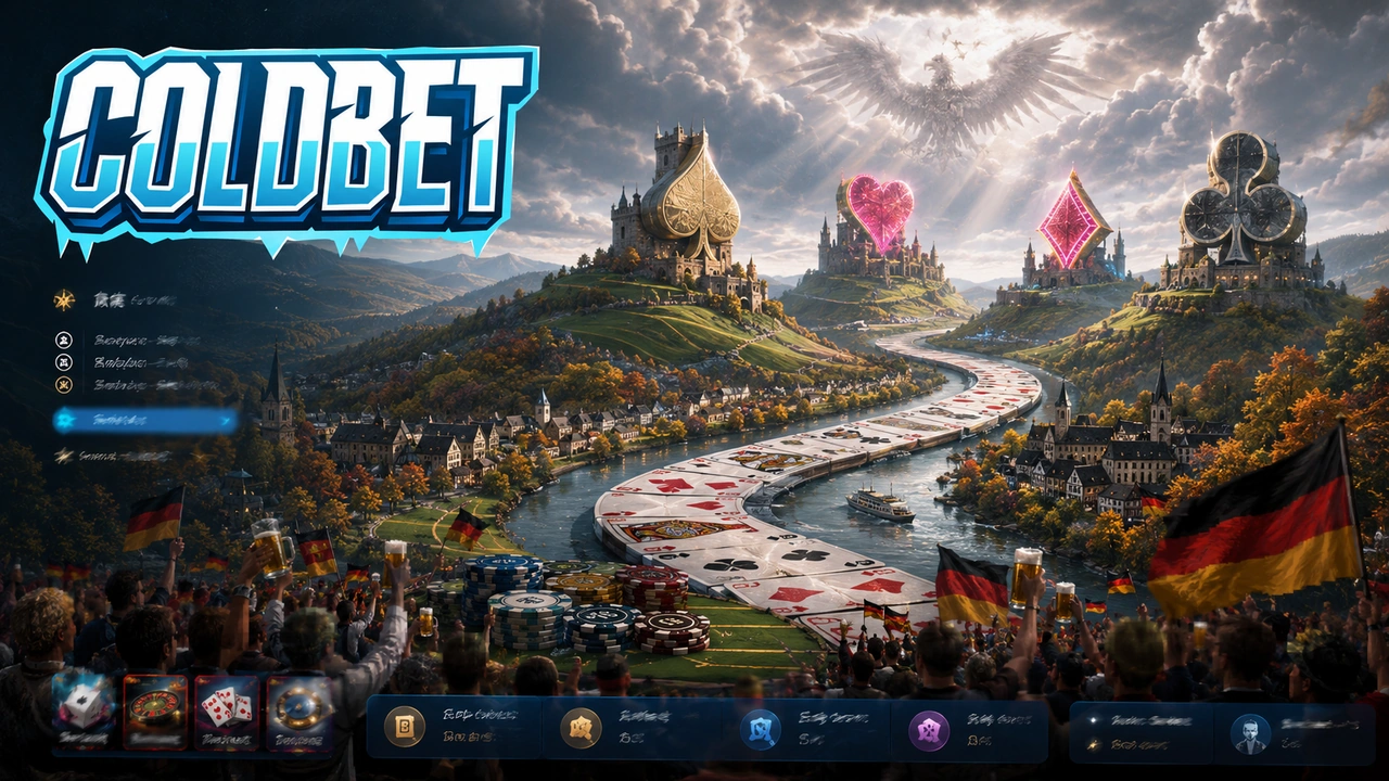 Coldbet Hauptseite â Rheinburgen & Kartensymbole â Deutschland Coldbet iGaming Hauptseite mit romantischem Rheintal, Burgen als riesige Spielkarten-Symbole (Herz, Pik, Karo, Kreuz), Weinbergen als grĂŒner Filzunterlage, deutscher Flagge an Burgzinnen und dezentem Neon-Magenta nur auf den drehenden Karten.
