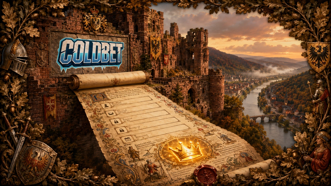 Coldbet Registrierungsseite an der Heidelberger Schlossruine mit großer Pergament-Schriftrolle als Anmeldeformular, Eichenkranz, goldener Bonus-Ikone und dezentem Neongold nur auf dem Bonus-Symbol.
