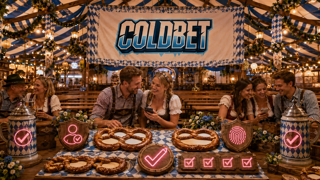 Coldbet Registrierungsseite im Oktoberfest-Zelt mit Holzbänken, Verifizierungs-Symbolen, Brezeln und Bierkrügen als dekorativen Formularfeldern, bayerischer Stimmung und dezentem rosa Neon nur auf Bestätigungs-Haken.