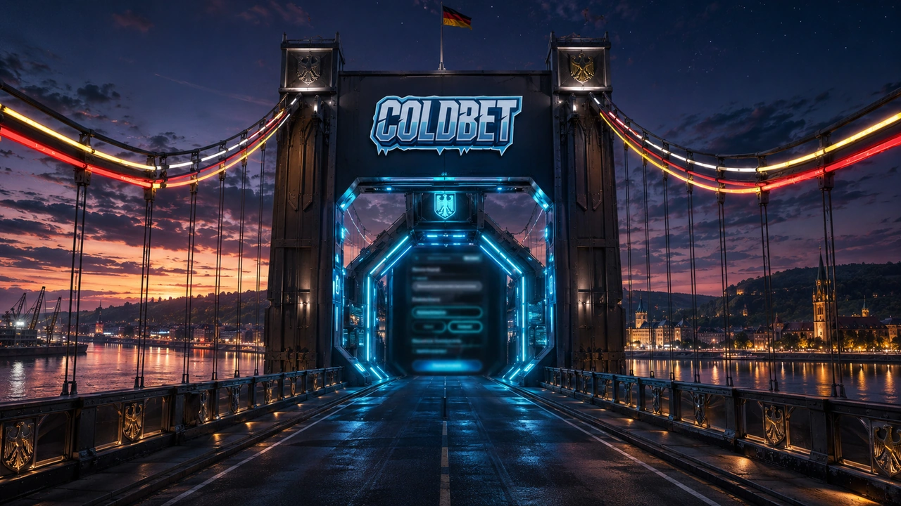 Coldbet Registrierungsseite auf moderner Rheinbrücke in der Dämmerung mit Neon-Tunnel in deutschen Farben, futuristischem Interface und dezentem Cyan-Neon nur am zentralen Knotenpunkt.